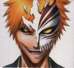 evil_grin evil_smile face grin highres hollow kurosaki_ichigo male mask official_art orange_hair shinigami smile yellow_eyes 