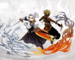  blonde_hair braid chris_lightfellow dark_skin fire gauntlets gensou_suikoden gensou_suikoden_iii highres hugo katsura_(+araka) knife knight long_hair magic silver_hair suikoden suikoden_iii sword water weapon 