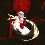  blood bloody_tears bow closed_eyes dress feet full_moon hat highres mitsusaka_mitsumi moon purple_hair red_moon remilia_scarlet ribbon solo touhou wings 