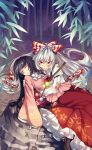  angry bamboo bamboo_forest black_hair blood branch carrying closed_eyes death dying forest fujiwara_no_mokou glaring houraisan_kaguya japanese_clothes jeweled_branch_of_hourai long_hair multiple_girls nakatani nature night red_eyes silver_hair touhou wound 