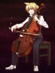 aqua_eyes blonde_hair bow_(instrument) catwhathk cello highres instrument kagamine_len male sitting smile solo vocaloid 