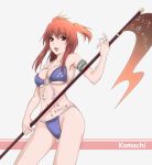  armband bad_id bikini breasts character_name cleavage hair_bobbles hair_ornament highres o-ring_top onozuka_komachi polpon red_eyes red_hair redhead scythe short_hair simple_background solo standing swimsuit touhou translated twintails 