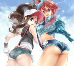  ass baseball_cap blue_eyes brown_hair cutoffs denim denim_shorts didi_amen fuuro_(pokemon) gloves hat highres long_hair looking_back multiple_girls poke_ball pokemon pokemon_(game) pokemon_black_and_white pokemon_bw red_hair redhead short_shorts shorts touko_(pokemon) 