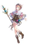  absurdres atelier_(series) atelier_rorona belt blue_eyes boots brown_dress cape capelet dress frills gust hat highres kishida_mel legs long_hair long_sleeves official_art open_mouth pink_hair rororina_fryxell simple_background skirt smile solo staff white_background 