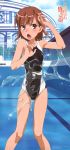  blush competition_swimsuit empty_pool hair_ornament hairclip hairpin highres misaka_mikoto one-piece_swimsuit open_mouth pool school_swimsuit short_hair solo splash splashing swimsuit tanaka_yuuichi to_aru_kagaku_no_railgun to_aru_majutsu_no_index water 