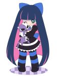  bad_id black_hair doll doll_hug dress honekoneko_(psg) long_hair official_style panty_&amp;_stocking_with_garterbelt simple_background smile solo stocking_(character) stocking_(psg) striped striped_legwear striped_thighhighs stuffed_animal stuffed_toy thigh-highs thighhighs youri19 