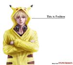  bad_id blonde_hair cosplay crossed_arms fate/stay_night fate_(series) gilgamesh headphones hoodie libert male pikachu pikachu_(cosplay) pokemon red_eyes simple_background solo white_background 