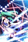  auer bare_shoulders belt brown_eyes danmaku detached_sleeves frog green_hair hair_ornament highres japanese_clothes kochiya_sanae long_hair looking_back miko onbashira sarashi snake solo touhou 