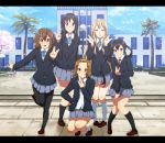  akiyama_mio amaneko bad_id black_eyes black_hair blonde_hair brown_eyes brown_hair closed_eyes gray_pantyhose hirasawa_yui k-on! kotobuki_tsumugi long_hair multiple_girls nakano_azusa pantyhose ryouma_(galley) school_uniform short_hair tainaka_ritsu twintails vulcan_salute 