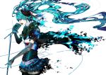  absurdres aqua_hair bad_id blue_eyes bouno_satoshi corset dissolving_clothes earrings elbow_gloves flower gloves hair_flower hair_ornament hatsune_miku highres jewelry long_hair microphone microphone_stand open_mouth pale_skin skirt solo thigh-highs thighhighs very_long_hair vocaloid 