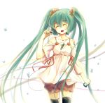  bad_id closed_eyes digital_media_player earbuds earphones flower green_hair hair_flower hair_ornament hatsune_miku long_hair shomon simple_background smile solo thigh-highs thighhighs twintails very_long_hair vocaloid 