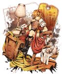  bad_id blonde_hair book boots bow chair flandre_scarlet hat highres no_hat no_headwear red_eyes short_hair side_ponytail sitting solo tea touhou wings 