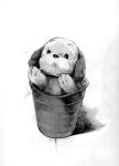  bucket dog in_container monochrome no_humans nobusnow stuffed_toy 