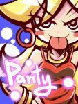  :p blue_eyes blush_stickers bracelet dress drpow earrings english hands_on_hips jewelry long_hair necklace official_style panty_&amp;_stocking_with_garterbelt panty_(character) panty_(psg) smile solo text tongue 
