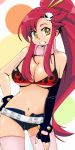  bikini_top breasts cleavage fingerless_gloves gloves grin hair_ornament large_breasts long_hair midriff momo_(fruits_box) pink_thighhighs ponytail red_hair redhead scarf short_shorts shorts smile solo striped striped_scarf studded_belt studded_bracelet tengen_toppa_gurren_lagann thigh-highs thighhighs under_boob underboob yellow_eyes yoko_littner 