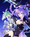  4girls ahoge aqua_eyes armpits ass assertive black_heart blue_eyes blue_hair bodysuit braid breasts choujigen_game_neptune claws cleavage cleavage_cutout elbow_gloves face flat_chest gloves green_hair green_heart hair_ornament idea_factory long_hair mecha_musume multiple_girls official_art open_mouth pink_eyes purple_eyes purple_hair purple_heart symbol-shaped_pupils thighhighs tsunako white_hair white_heart 