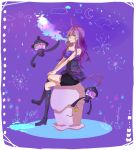  boots coara crossed_legs fire flame highres knee_boots lampent litwick moemon personification pokemon pokemon_(game) pokemon_bw purple purple_background purple_hair sitting smoke yellow_eyes 