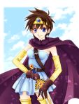  blue_eyes brown_hair cape circlet dragon_quest dragon_quest_iii earrings elbow_gloves gloves jewelry miele roto short_hair smile sword thigh-highs thighhighs weapon 