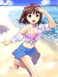  barefoot beach breasts brown_hair camisole cleavage front-tie_top green_eyes hair_ribbon idolmaster jiyuuyuu midriff navel off_shoulder ribbon sand short_hair skirt sleeves_rolled_up solo tied_shirt water wind 