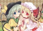  alternate_costume annoyed argyle argyle_background bare_shoulders blonde_hair blue_eyes blush chibi curly_hair fang fingernails flandre_scarlet green_eyes hat hat_ribbon holding_hands komeiji_koishi komeiji_satori lace long_fingernails long_hair looking_at_viewer minamura_haruki multiple_girls peeking pocky pocky_kiss red_eyes remilia_scarlet ribbon shared_food silver_hair touhou wings wrist_ribbon yuri 