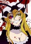  blood crazy creepy din_(artist) din_(flypaper) eyes grin hat heterochromia highres red_sclera ribbon smile touhou yakumo_yukari yellow_eyes 