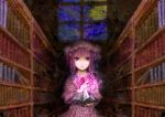  book bookshelf dark hat patchouli_knowledge pink_eyes pink_hair solo touhou umebayashi_saki window 
