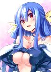  1girl aki_poi bare_shoulders belt blue_hair blush bow breasts center_opening choker detached_sleeves dizzy guilty_gear hair_bow highres large_breasts red_eyes solo under_boob 