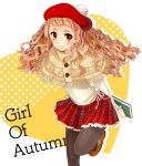  beret blonde_hair blush book brown_eyes capelet casual curly_hair funifuni hair_ornament hairclip hat kusukoni_melco original pantyhose skirt solo wavy_hair 