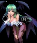  breasts capcom cleavage darkstalkers demon_wings green_eyes green_hair head_wings kaida large_breasts legs lipstick long_hair morrigan_aensland pantyhose print_pantyhose purple_pantyhose simple_background smile solo thighs vampire_(game) wings 