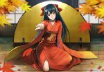  beckon blue_hair brown_eyes from_behind japanese_clothes kimono kneeling kurojishi leaf long_hair looking_at_viewer maple_leaf maple_leaves on_floor original outstretched_arm outstretched_hand reaching sitting solo wooden_floor 