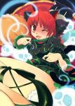  bow cat_ears cat_tail fang ghost hair_bow high_heels kaenbyou_rin kfc legs long_hair multiple_tails open_mouth pillow red_eyes red_hair redhead shoes skull solo tail touhou wink yuu_(kfc) 