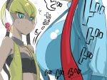  2girls 6942 bare_shoulders blue_eyes bob_cut breast_envy breasts cable choker cool-kyou_shinja fuuro_(pokemon) gym_leader halterneck headphones huge_breasts kamitsure_(pokemon) kuuru_kyou_shinja large_breasts pokemon pokemon_(game) pokemon_black_and_white pokemon_bw short_hair staring_at_breasts suspenders vest 