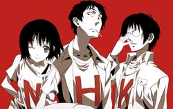  glasses nakahara_misaki nhk_ni_youkoso! nyoronyoro satou_tatsuhiro short_hair wink yamazaki_kaoru 