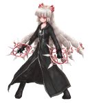  axel axel_(cosplay) bow chakram cosplay fujiwara_no_mokou hair_bow hair_ribbon hime_cut itokana kingdom_hearts long_hair organization_xiii power_connection red_eyes ribbon silver_hair smile solo touhou transparent_background weapon 