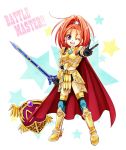  bad_id barbara boots cape dragon_quest dragon_quest_vi earrings gloves high_ponytail jewelry miele open_mouth orange_hair purple_eyes shield star sword thigh-highs thighhighs v violet_eyes weapon wink 