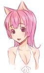  :d blush breasts bust cleavage face ha-ru halterneck open_mouth pink_eyes pink_hair simple_background smile solo 