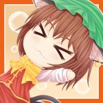  &gt;_&lt; animal_ears bad_id border bow brown_hair bubble cat_ears cat_tail chen chibi chinese_clothes earrings fang hat jewelry long_sleeves multiple_tails nagatani_sen tail touhou x3 