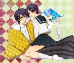  argyle argyle_background arm_support black_hair brown_eyes food fuura_kafuka glasses hair_ornament hairclip hakama holding isamu itoshiki_nozomu japanese_clothes kimono legs mouth_hold pleated_skirt popsickle popsicle sayonara_zetsubou_sensei school_uniform serafuku short_hair skirt socks straddle sweatdrop yagasuri 