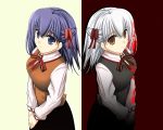  2girls crying dark_matou_sakura dark_sakura dual_persona fate/grand_order fate/hollow_ataraxia fate/stay_night fate_(series) heaven&#039;s_feel matou_sakura normal ribbon school_uniform smile tagme tears type-moon 