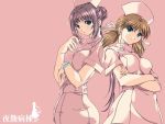  2girls brown_hair green_eyes long_hair night_shift_nurses nurse pink pink_hair short_hair yakin_byouto 