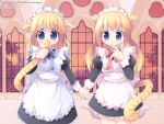  2girls animal_ears apron blonde_hair blue_eyes blush bow cat_ears catgirl highres holding_hands holding_own_tail indoors kagura_yuuki long_hair maid maid_headdress multiple_girls nervous tail tail_grab twintails wallpaper window 