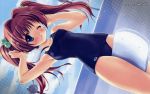  blush brown_hair child highres kickboard loli long_hair one-piece_swimsuit ryouka_(suzuya) school_swimsuit shower shower_head sky swimsuit truth twintails wallpaper wet widescreen wink 