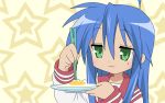  1girl :3 blue_hair food green_eyes izumi_konata lucky_star stars 