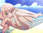  ass bangs barefoot beach bikini blush cloud duplicate embarrassed feet flat_chest hair_between_eyes hammock iwakura_kazunori leg_hug legs legs_up loli long_hair looking_at_viewer louise_francoise_le_blanc_de_la_valliere lying megami ocean official_art on_back payot pink_eyes pink_hair profile shadow sky smile solo sunbeam sunlight swimsuit tree wallpaper water wavy_hair zero_no_tsukaima 