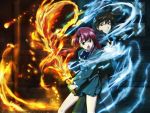  fighting_stance fire highres kannagi_ayano kaze_no_stigma open_mouth red_hair school_uniform skirt sword wallpaper weapon wind yagami_kazuma 