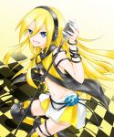  blonde_hair blue_eyes boots cd checkered checkered_floor cofi_(eternal) eternal fingernails headphones lily_(vocaloid) long_hair microphone nail_polish nails open_mouth pleated_skirt skirt smile solo thigh_boots thighhighs vocaloid 