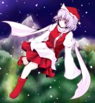  blue_eyes blue_hair boots breasts christmas dress eternal hat large_breasts letty_whiterock pleated_skirt santa_hat scarf skirt snow solo touhou 