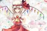  :d blonde_hair fang flandre_scarlet hat kiyu open_mouth ponytail red_eyes short_hair side_ponytail smile solo touhou wings 