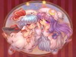  bat_wings blue_hair crescent crescent_moon hat multiple_girls patchouli_knowledge purple_eyes purple_hair red_eyes remilia_scarlet sankuma short_hair touhou violet_eyes wings wink 