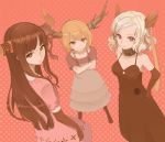  blonde_hair brown_eyes brown_hair chain collar crossed_arms elbow_gloves from_above gloves hand_on_hip horns long_hair looking_back looking_up monorino orange_eyes red_eyes ribbon shain short_hair smile symbol-shaped_pupils white_hair 